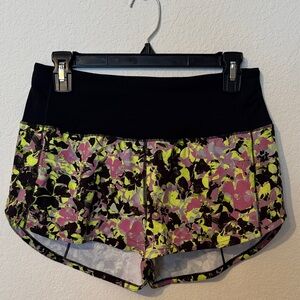 Lululemon Women's Black Waistband Floral Running Shorts - Pink & Neon Yellow 6